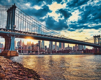 Manhattan Bridge DUMBO Downtown Manhattan NY Print Fabric Tapestry backlit with smart LED. Wall Art is great gift for decoration in any room