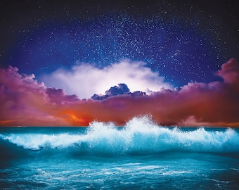 Lunar Eclipse FL Night Sky Stars Ocean Waves Print Fabric Tapestry backlit with smart LED Wall Art great gift for decoration in any room