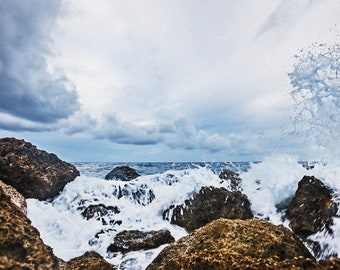 Waves Crashing in Boca Raton FL Blue Sky Ocean Print Fabric Tapestry backlit with smart LED Wall Art great gift for decoration in any room