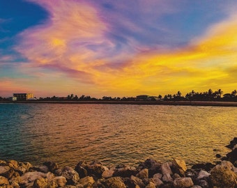 Jetty Beach Pier FL Golden Hour Sunset  Print Fabric Tapestry backlit with smart LED Wall Art great gift for decoration in any room
