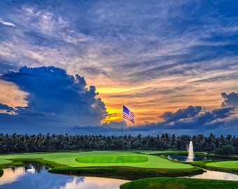 Land of the free FL Sunset Flag Golf  Print Fabric Tapestry backlit with smart LED Wall Art great gift for decoration in any room