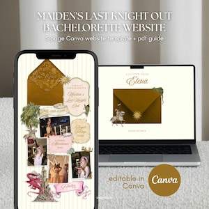 Puede incluir: Una plantilla de sitio web digital para pantallas de móvil y portátil con el texto Maiden's Last Knight Out Bachelorette Website. El diseño incluye ilustraciones de un caballero, un dragón y sobres dorados, editable en Canva.