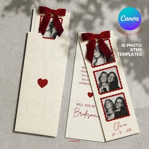 Può includere: Modelli di strisce fotografiche color crema con accenti rossi. Ogni modello presenta un fiocco di velluto rosso e una serie di foto in bianco e nero. Il testo "WILL YOU BE Bridesmaid" è visibile, insieme al nome "Olivia" e alla data "07-12-2026".