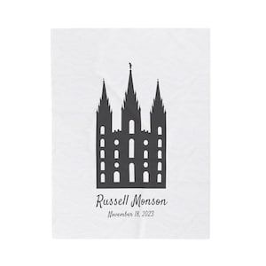 May include: Black and white silhouette of the Salt Lake Temple with the text "Russell Monson" and "November 18, 2023" below.