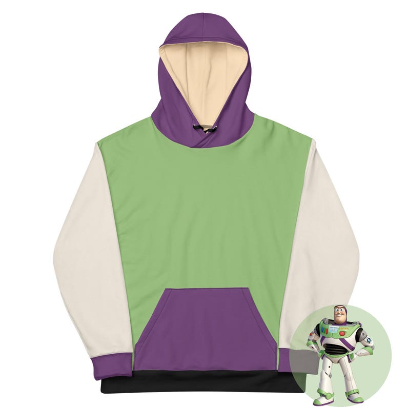 Puede incluir: Una sudadera con capucha verde, blanca y morada con un cord&oacute;n negro y un bolsillo negro. La sudadera tiene un dise&ntilde;o de Buzz Lightyear de la pel&iacute;cula Toy Story.