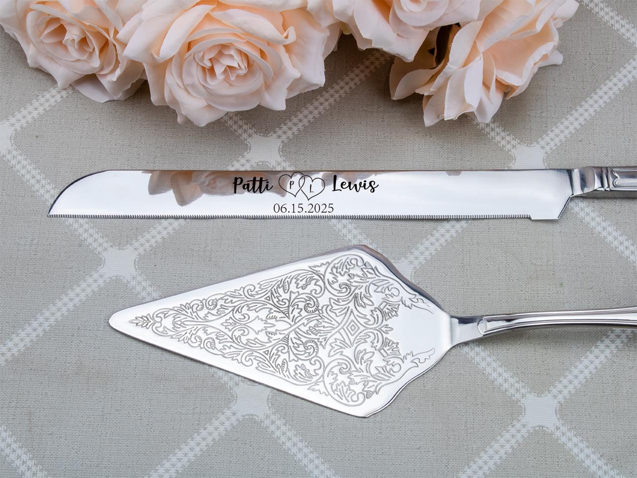 Wedding Cake Cutting Set, Customized Cake Cutting Set, Modern Engraved Cake Knife & Server Set Gold Cake Server, Engaged Couple Gift