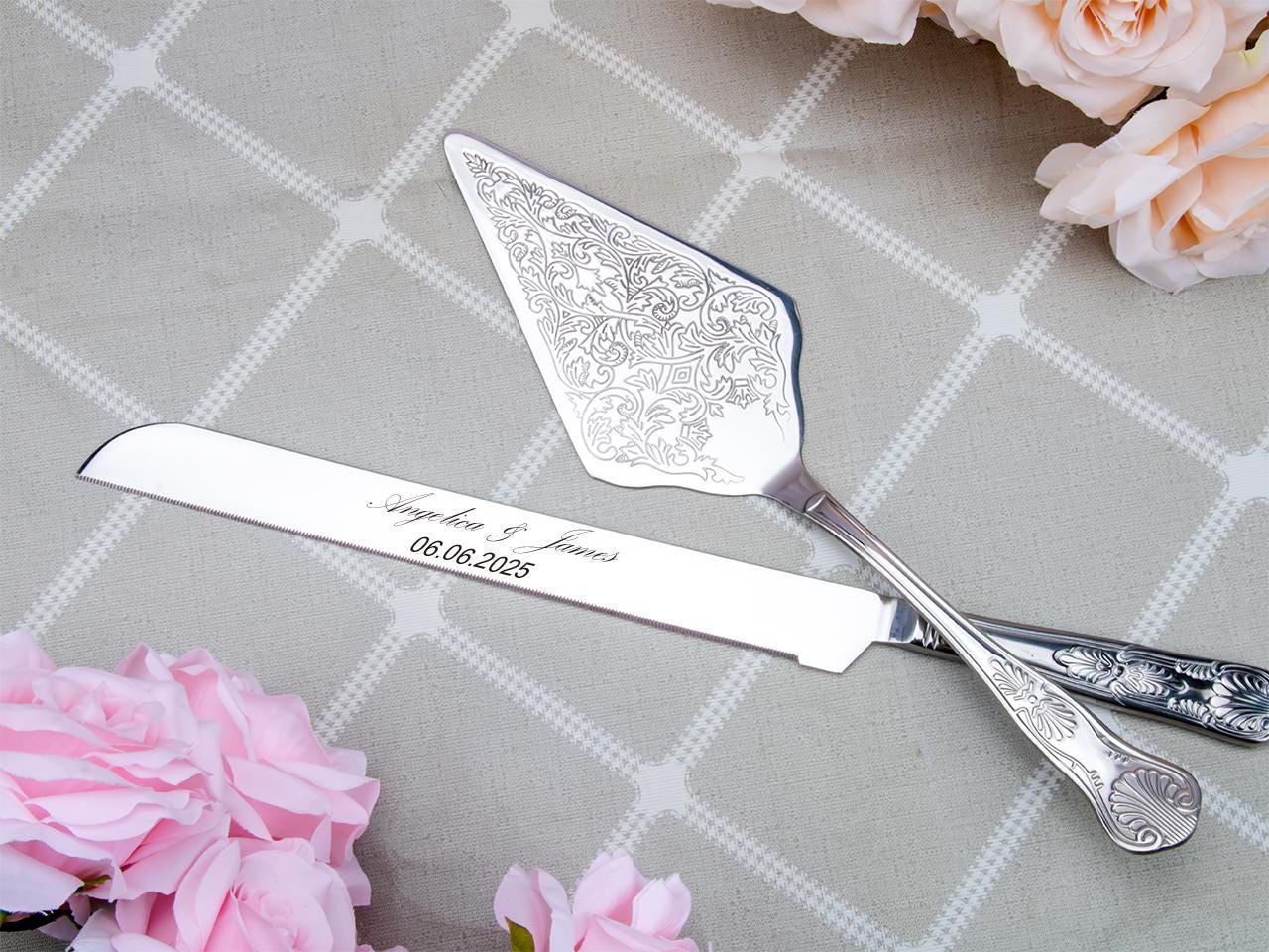 Wedding Cake Cutting Set, Customized Cake Cutting Set, Modern Engraved Cake Knife & Server Set Gold Cake Server, Engaged Couple Gift