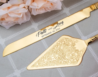 Custom Wedding Cake Knife Gift Set, Personalized Cake Cutting Set, Custom Knife & Server for Bride and Groom Gold Cake Server