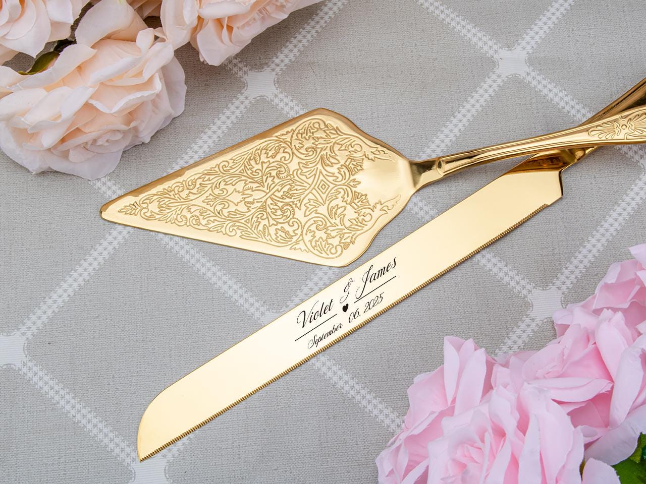 Wedding Cake Cutting Set, Customized Cake Cutting Set, Modern Engraved Cake Knife & Server Set Gold Cake Server, Engaged Couple Gift