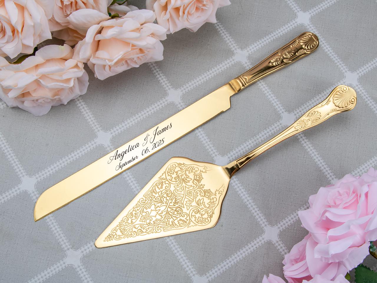 Wedding Cake Cutting Set, Customized Cake Cutting Set, Modern Engraved Cake Knife & Server Set Gold Cake Server, Engaged Couple Gift
