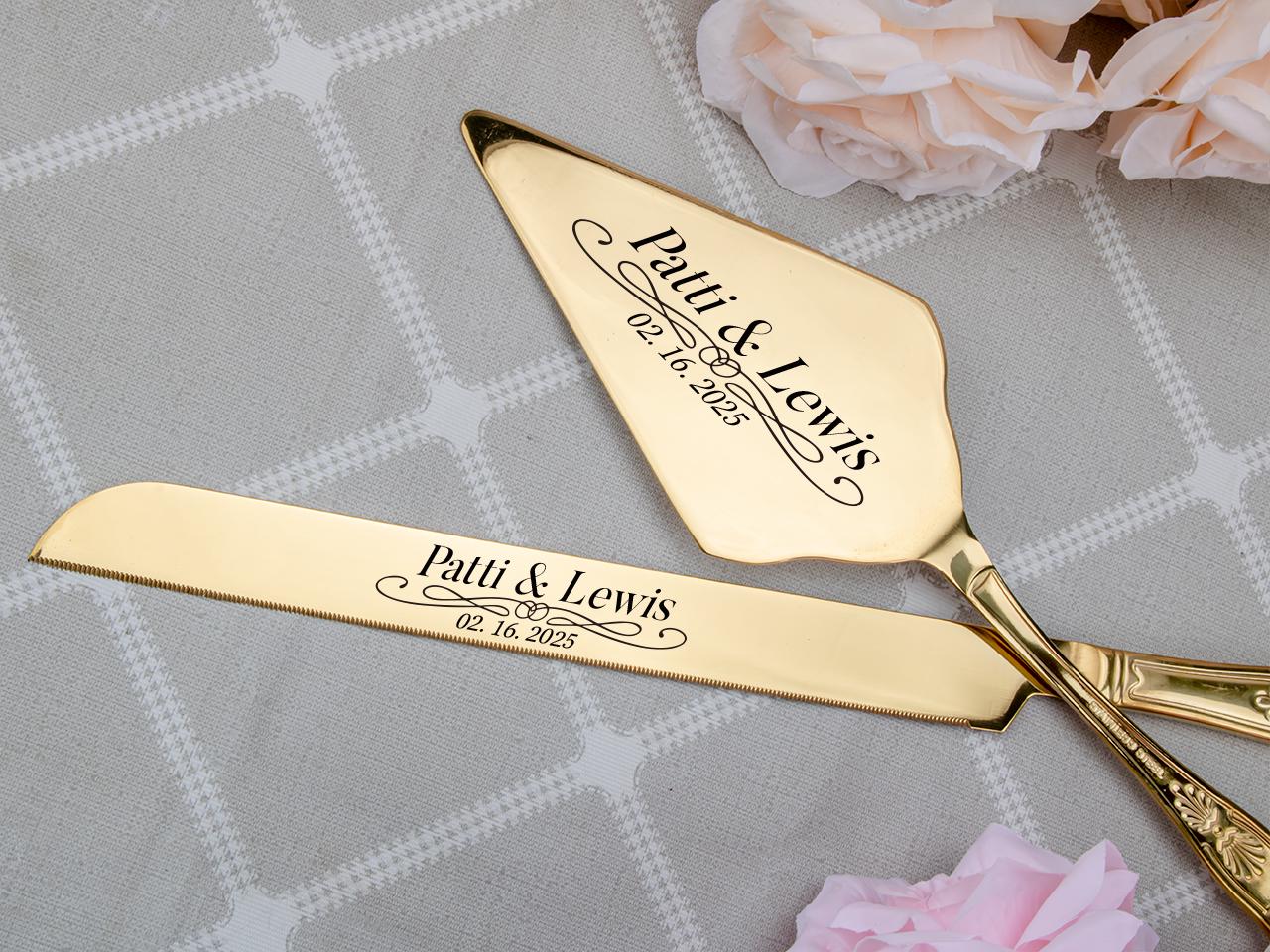 Wedding Cake Cutting Set, Customized Cake Cutting Set, Modern Engraved Cake Knife & Server Set Gold Cake Server, Engaged Couple Gift