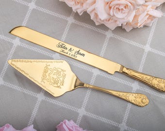 Personalized Wedding Cake Cutting Set, Engraved Gold Wedding Cake Knife Set, Wedding Keepsake Ceremony Gift, Birthday Wedding Gift
