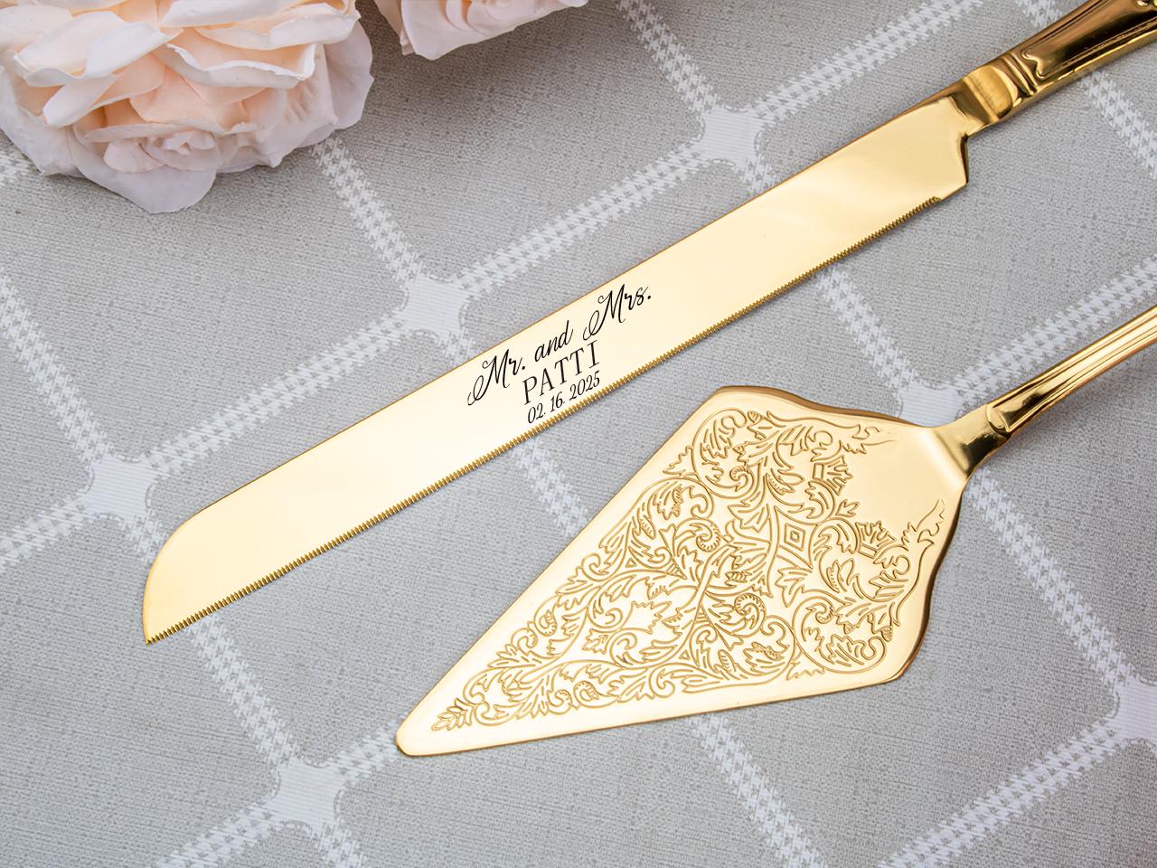 Wedding Cake Cutting Set, Customized Cake Cutting Set, Modern Engraved Cake Knife & Server Set Gold Cake Server, Engaged Couple Gift