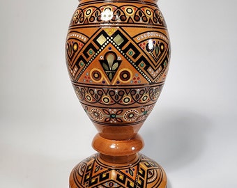 Hand-Carved Hutsul Style Wooden Vase with Mother of Pearl Inlay