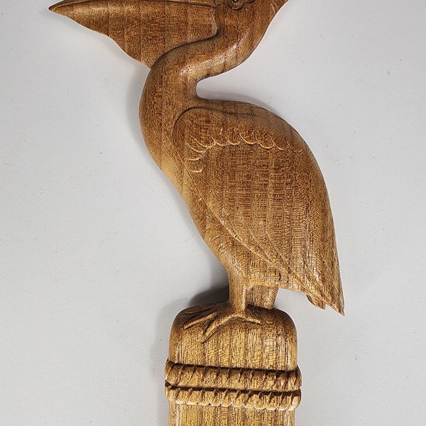 Pelican Break Time - Hand-Carved Wood Wall Art of Pelican on Pier from Bali, Indonesia