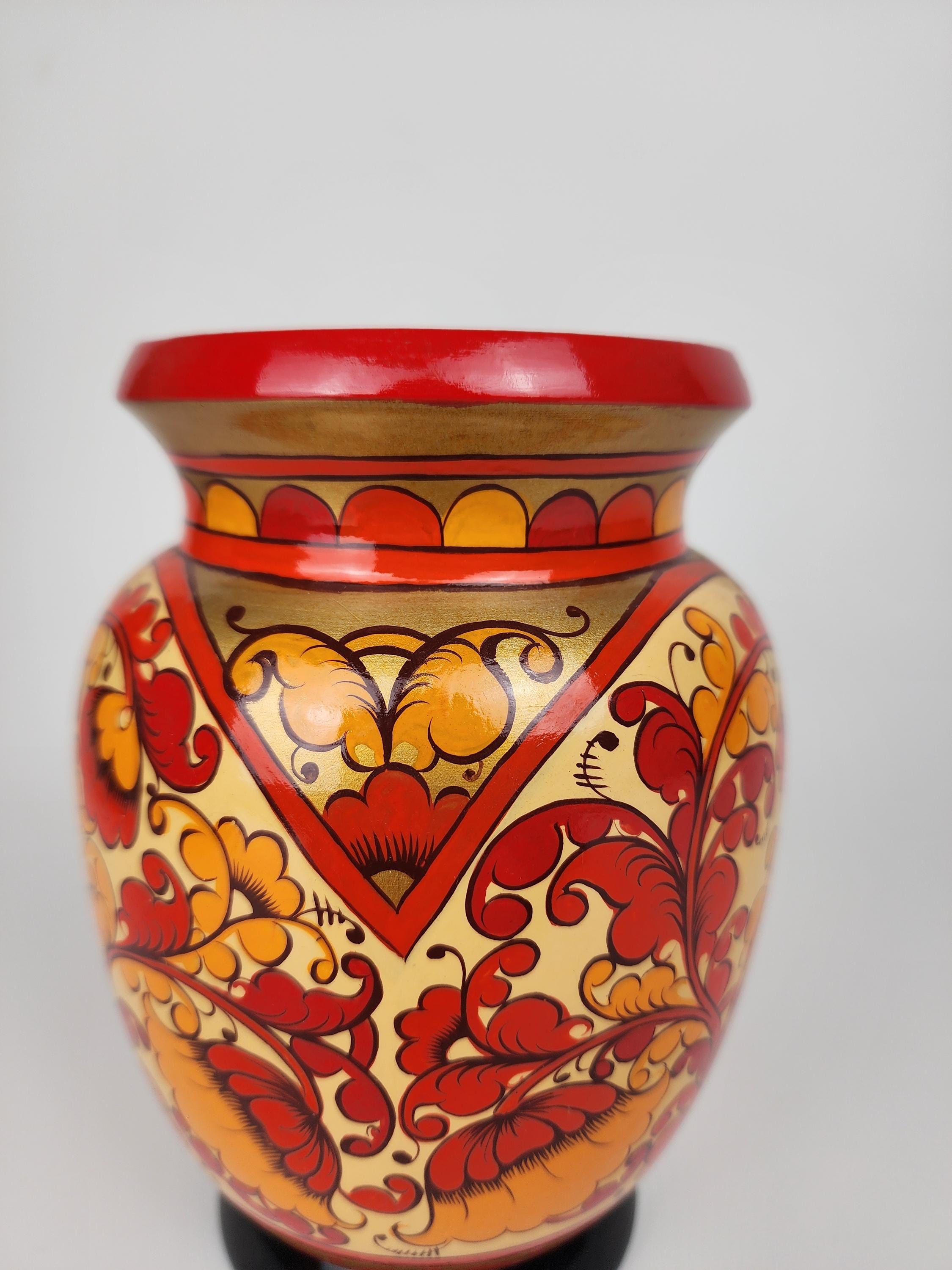 Vase En Bois Khokhloma Peint à La Main – 24 Cm – Art Populaire Russe – Motifs Fleurs Et Baies