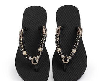 Sandali infradito estivi casual Flurrty da spiaggia - Taglie 6-10, neri piatti con strass neri scintillanti - Leblon