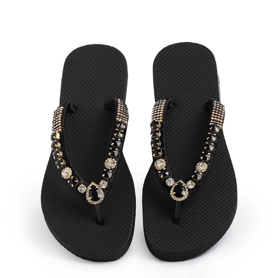 Flurrty Summer Casual Flip Flops Beach Sandals - 6-10 Size Black Flat with Shining Black Rhinestones Sandals - Leblon
