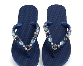 Flurrty zomer casual teenslippers strandsandalen - maat 6-10 blauwe marineblauwe platte strass sandalen - Copacabana