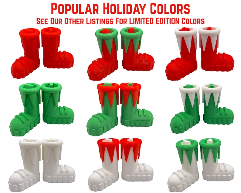 May include: Nine pairs of boot-shaped items in various color combinations of red, green, and white. The text at the top reads POPULAR HOLIDAY COLORS and SEE OUR OTHER LISTINGS FOR LIMITED EDITION COLORS. Each boot features a cuff and treaded sole.