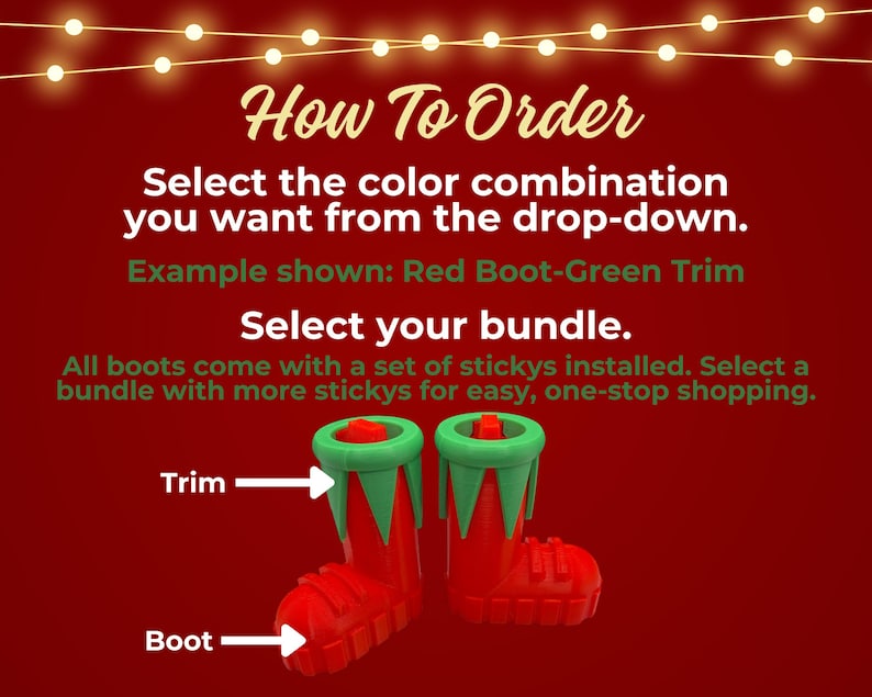 Simple instructions explaining how to order Enchanted Elf Boots, which allow your Christmas Elf to walk on the ceiling and walls.