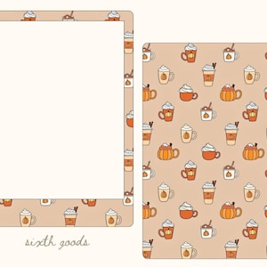 May include: A set of two rectangular decorative items. One features a blank white space framed by a repeating pattern of fall-themed coffee drinks in orange, brown, and white. The other item displays the same pattern. The text "sixth goods" is at the bottom.