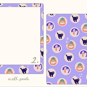 May include: Two rectangular frames with a light purple background featuring a repeating pattern of orange jack-o'-lanterns, black cats, and white ghosts in circles. The left frame has a large white center, the number 2, and the text sixth goods.