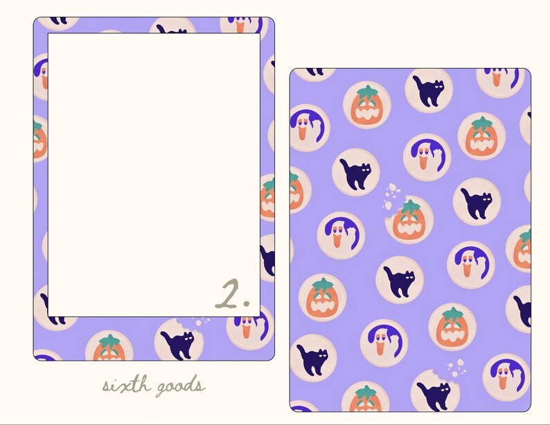 May include: Two rectangular frames with a light purple background featuring a repeating pattern of orange jack-o'-lanterns, black cats, and white ghosts in circles. The left frame has a large white center, the number 2, and the text sixth goods.