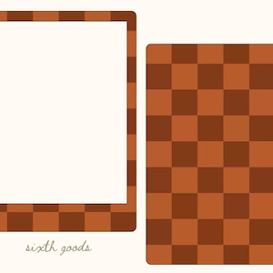 May include: A rectangular photo frame with a brown and orange checkered border and a white center, alongside a solid rectangular card featuring a matching brown and orange checkered pattern. The text sixth goods is printed in small grey letters.
