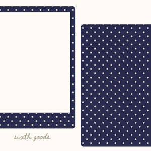 May include: A dark blue rectangular frame with a white polka dot pattern and a large white center space, alongside a solid dark blue rectangular card featuring a white polka dot pattern. The text sixth goods is printed in a light script font below.