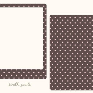 May include: Two rectangular frames with rounded corners featuring a dark brown background and a repeating pattern of small light pink polka dots. The left frame has a large white center cutout, and the text sixth goods is printed in light gray.