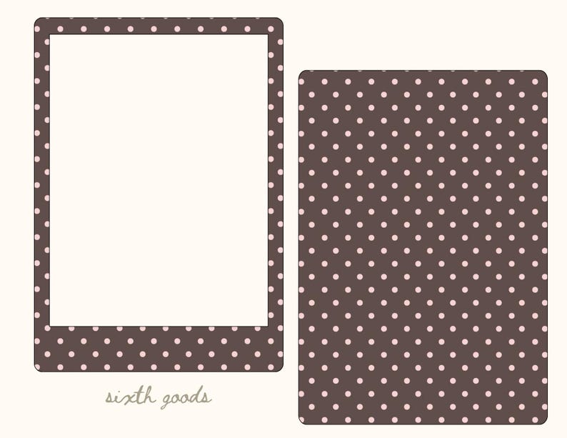 May include: Two rectangular frames with rounded corners featuring a dark brown background and a repeating pattern of small light pink polka dots. The left frame has a large white center cutout, and the text sixth goods is printed in light gray.
