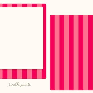Pode incluir: Um design listrado rosa e rosa claro sobre um fundo branco. O design est&aacute; em uma moldura retangular e uma forma retangular separada. As palavras "sixth goods" est&atilde;o escritas em um script cinza claro na parte inferior.