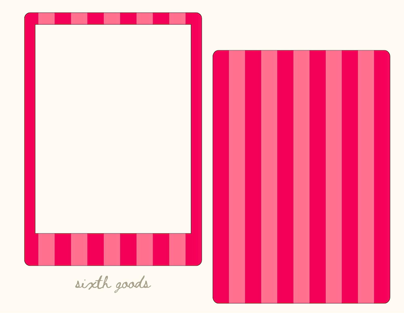 Pode incluir: Um design listrado rosa e rosa claro sobre um fundo branco. O design est&aacute; em uma moldura retangular e uma forma retangular separada. As palavras "sixth goods" est&atilde;o escritas em um script cinza claro na parte inferior.