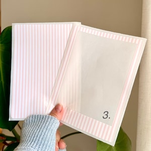 May include: A clear plastic sleeve with a pink and white striped border and interior. The number "3." is printed in black on the front. The sleeve is open, revealing a pink and white striped interior.