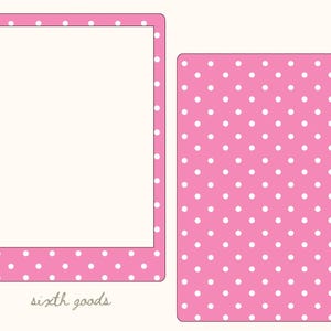 May include: A rectangular pink frame with a white polka dot pattern and a large white center space, accompanied by a solid rectangular pink card with a white polka dot pattern. The text sixth goods is printed in small grey letters below the frame.