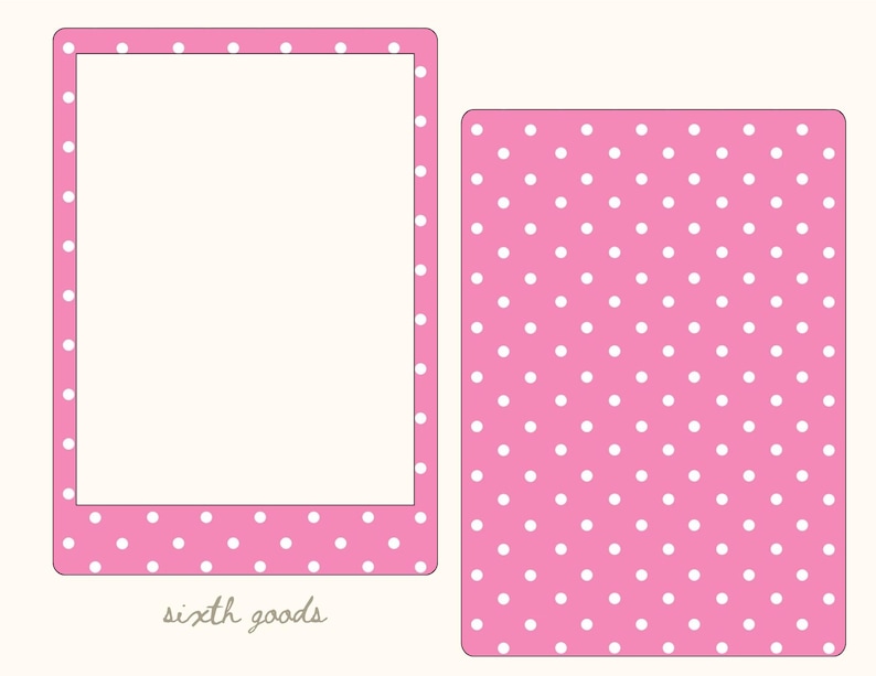 May include: A rectangular pink frame with a white polka dot pattern and a large white center space, accompanied by a solid rectangular pink card with a white polka dot pattern. The text sixth goods is printed in small grey letters below the frame.