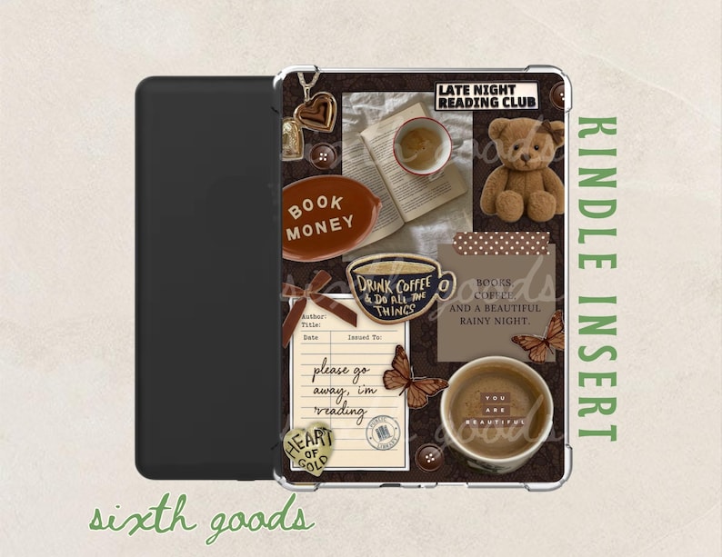 Cozy Bookish Kindle Insert | Late Night Reading Club | Kindle Paperwhite Accessories | Teddy Bear Collage | Neutral Bookish Gift