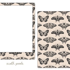 May include: A rectangular frame and a matching rectangular cover featuring a repeating pattern of black butterflies on a light beige background. The frame has a large white center cutout. The text "sixth goods" is printed in small gray letters.