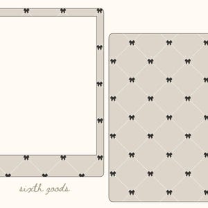 Puede incluir: Dos diseños rectangulares. Uno es un marco con fondo beige y lazos negros. El otro es un rectángulo beige con un patrón repetido de lazos negros y líneas diagonales blancas. El texto "sixth goods" está en la parte inferior.