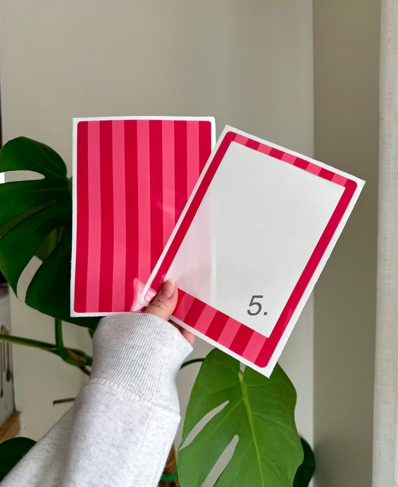 May include: Two rectangular cards. One card has vertical stripes in shades of red and pink. The other card has a white interior with a red and pink border and the number 5 in the bottom right corner. The cards are held in front of a green plant.