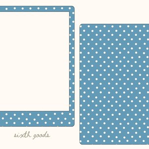 May include: A blue rectangular frame with a white polka dot pattern and a large central white space, accompanied by a matching solid blue rectangular card featuring the same white polka dot pattern. The text sixth goods is visible.
