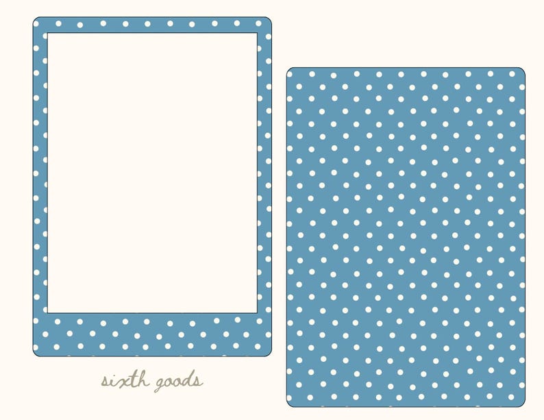 May include: A blue rectangular frame with a white polka dot pattern and a large central white space, accompanied by a matching solid blue rectangular card featuring the same white polka dot pattern. The text sixth goods is visible.