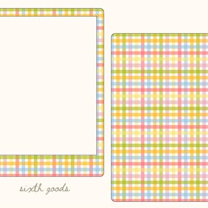 May include: A rectangular frame with a white center and a plaid border featuring yellow, green, pink, and light blue stripes, alongside a matching solid rectangular card with the same plaid pattern. The text sixth goods is printed below.