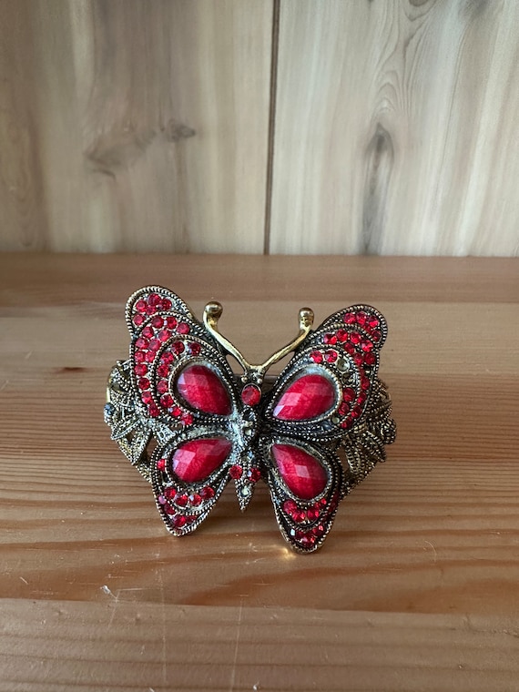 Vintage Brass & ruby Swarovski gemstone butterfly 