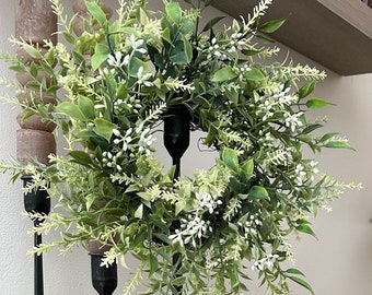 Small Wreath Summer White Lavender Candle Ring RV Camper Door Decor with Greenery Mini Faux Wreath for Table or Wall Shelve Styling Office