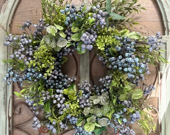 Wreath For Spring, Blue Berry Wreath For Home Decor, Berry Candle Ring, Kitchen Wreath For Cabinets, RV Camper Decor, Pillar Candle Wreath