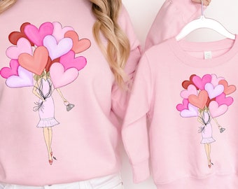 Valentine Hand Drawn Illustration Tee, Heart Balloon Sweatshirt, Mommy and Me Tee, Glam Girl Tee, Love Heart Party Shirt, Watercolor Tee