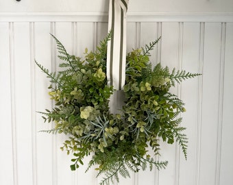 Wreath For Cottage, Artificial Wreath With Farmhouse Mixed Greenery,Cottage Decor, All Year Round  Small Boxwood  Wreath With Eucalyptus