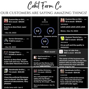 May include: A collage of customer reviews for handmade items, including a Christmas tree, a mug, a tennis ball, and a soy candle. The reviews are all positive and include five-star ratings. The text in the image reads "Cabot Farm Co. OUR CUSTOMERS ARE SAYING AMAZING THINGS!"